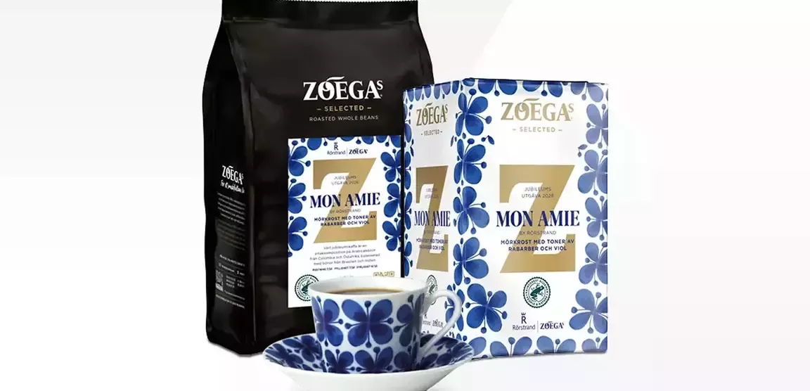 Two venerable Swedish brands are united in an exclusive collaboration where taste, craftsmanship, design and female pioneering are at the center. In connection with Rörstrand's 300th anniversary and Zoégas' 140th anniversary, Zoégas is launching an anniversary coffee that carries one of Rörstrand's most iconic patterns – Mon Amie.